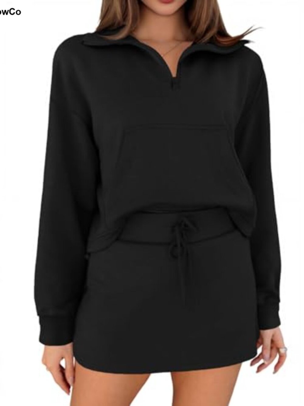 Womens 2 Piece Sweatsuit Quarter Zip Cropped Sweatshirt & Mini Skorts Lounge Set